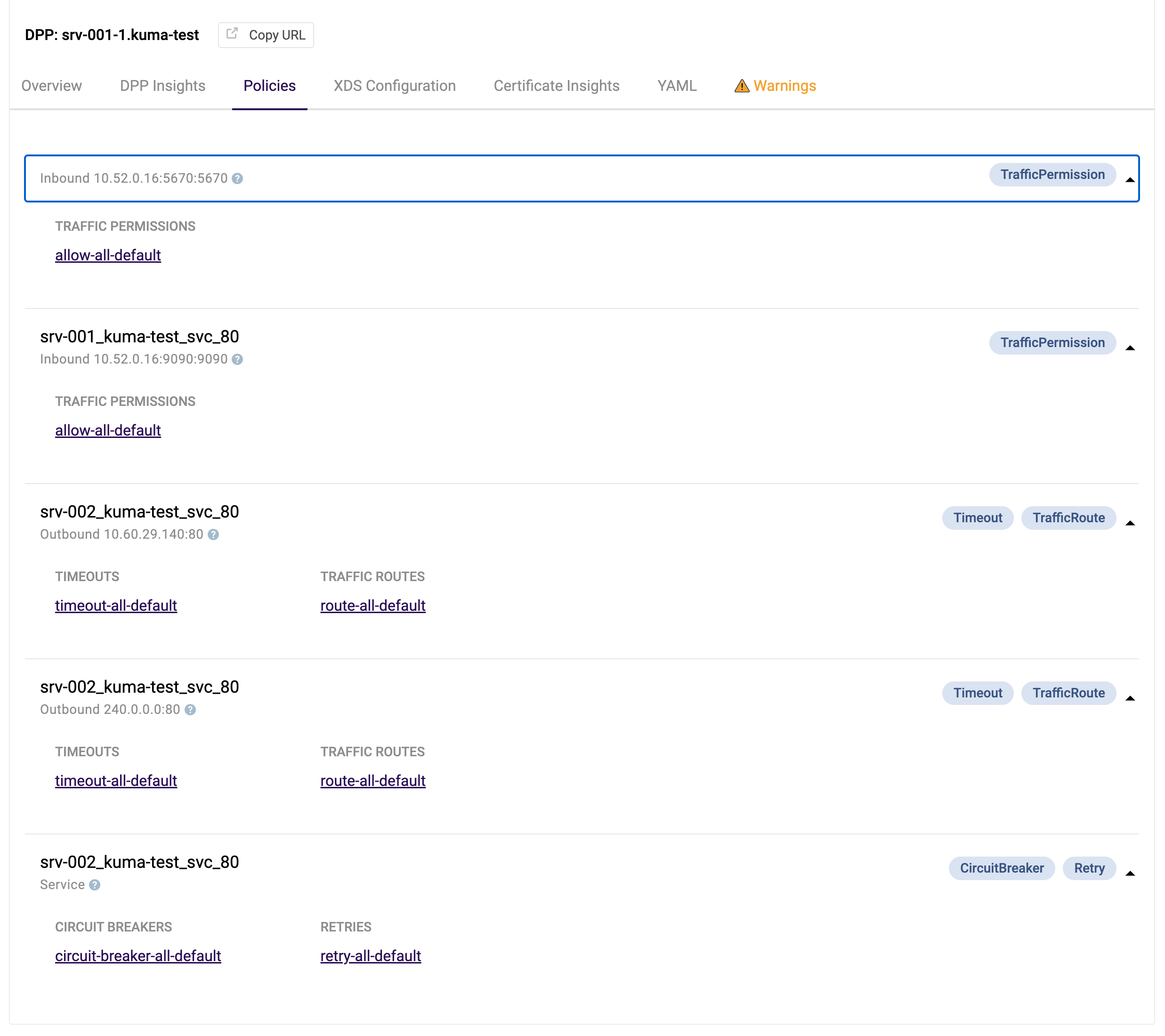 A screenshot of policies that affect a dataplane in the Kuma GUI